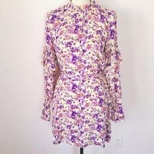 Nasty Gal Floral Belted High Neck Long Sleeve Cottagecore Smock Mini Dress Sz 4